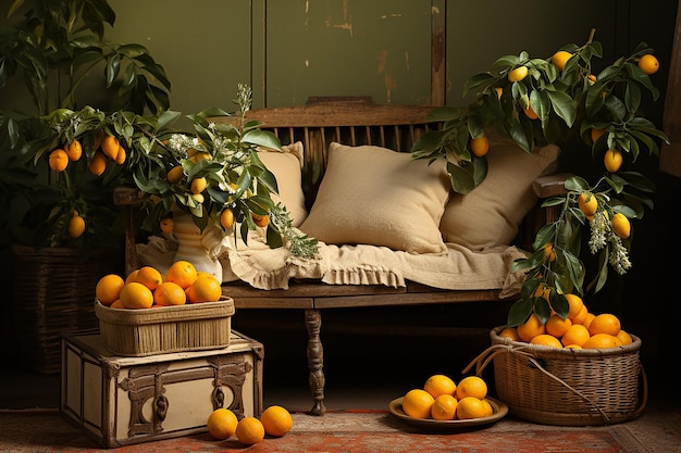 Vintage Charm Part of a Vintage Interior with Wicker Boxes and Plants