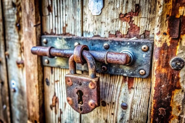 Photo vintage charm rusty old lock on wooden door