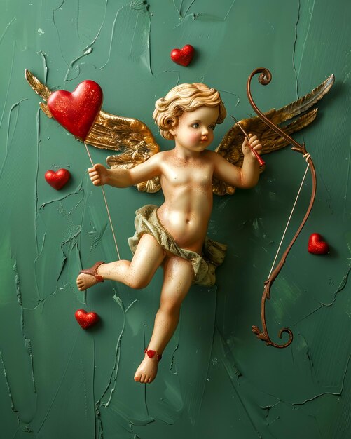 Photo vintage cherub cupid sculpture with golden wings and red hearts on green background for valentines