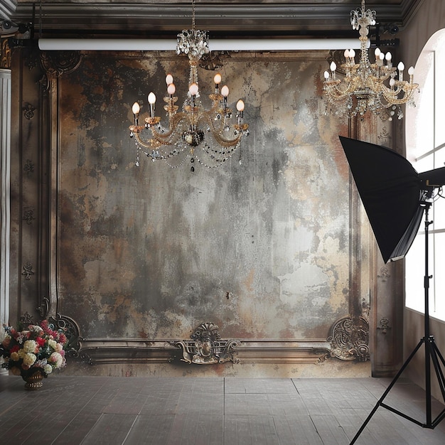 Vintage Chic Room with Chandelier and Flowers Background