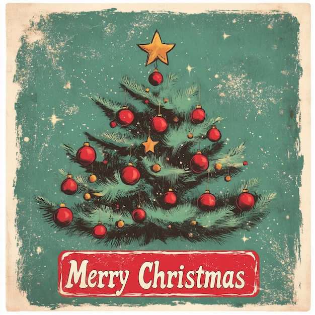 Vintage Christmas card with a decorated Christmas tree and Merry Christmas typography