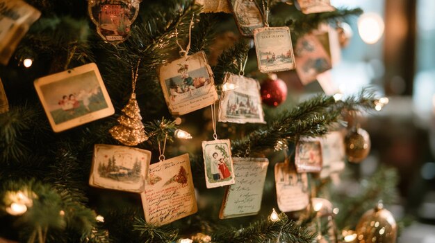 Vintage Christmas Ornaments Adorn a Green Evergreen Tree