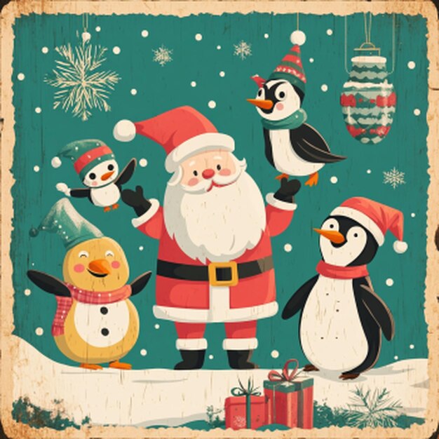 Photo vintage christmas poster design with vector santa claus snowman penguin elf characters