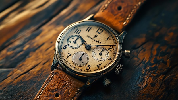 Photo vintage chronograph wristwatch with leather band on wooden surface