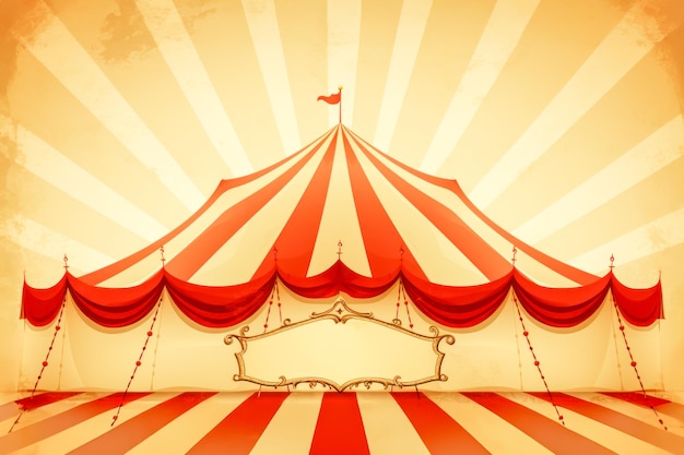 Vintage circus tent in red and white stripes beckons framed by opulent red curtains