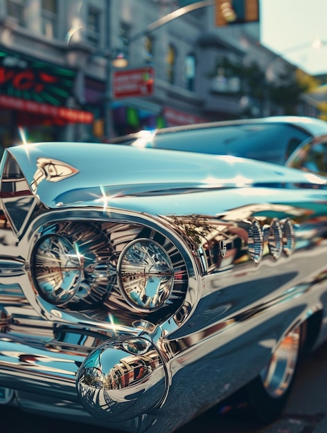 Vintage Classic Car with Shiny Chrome Details in Urban Setting