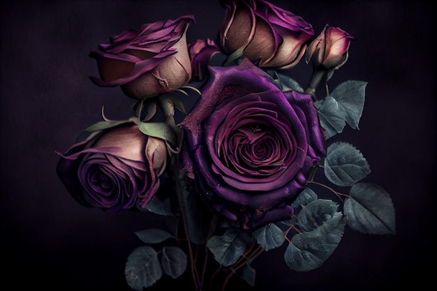 Vintage Classic deep violet rose bouquet on dark background Generative AI