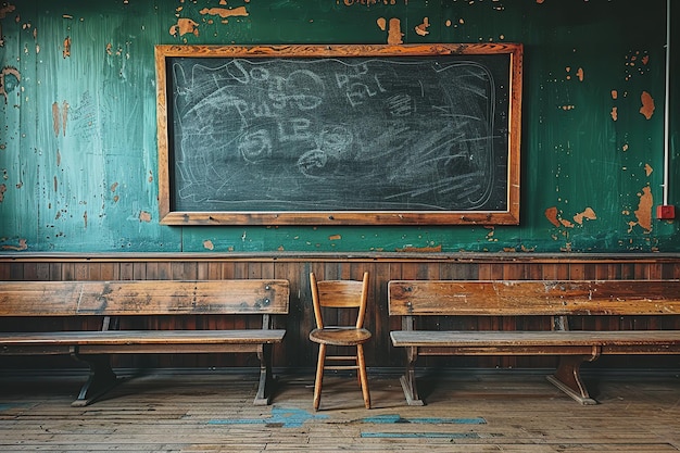 Photo vintage classroom interior with chalkboard benches and chair