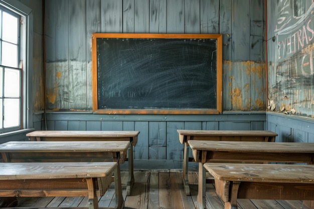 Vintage Classroom Interior with Wooden Desks and Blackboard in Old School House