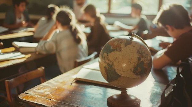 Photo a vintage classroom scene with a globe as the centerpiece surrounded by engaged students in study and discussion