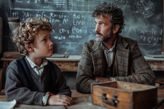 Photo vintage classroom scene with teacher and student engaged in deep discussion