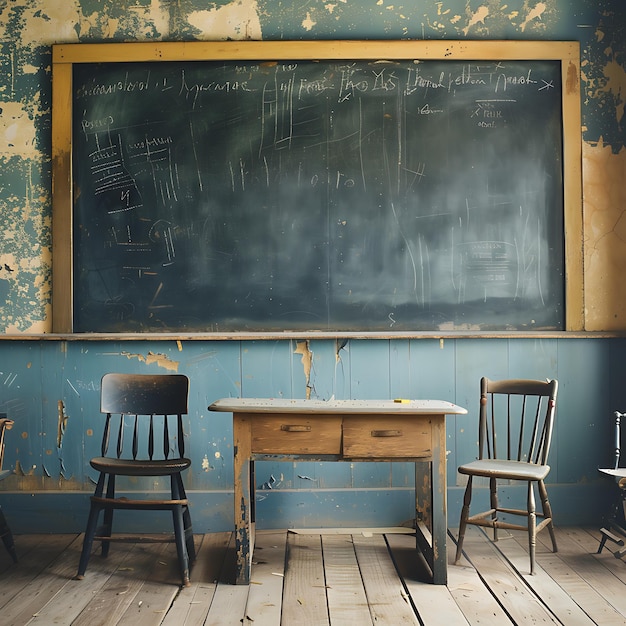 Photo vintage classroom setting with blackboard and chalks