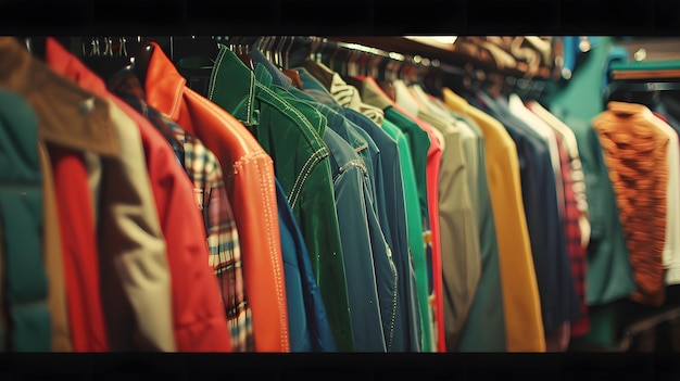 Vintage clothes in retro colours hang on a rack in the shop