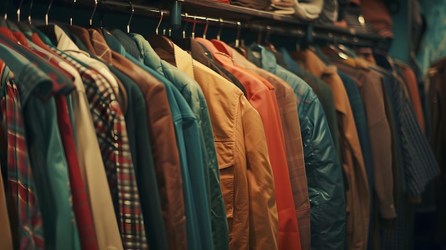 Vintage clothes in retro colours hang on a rack in the shop