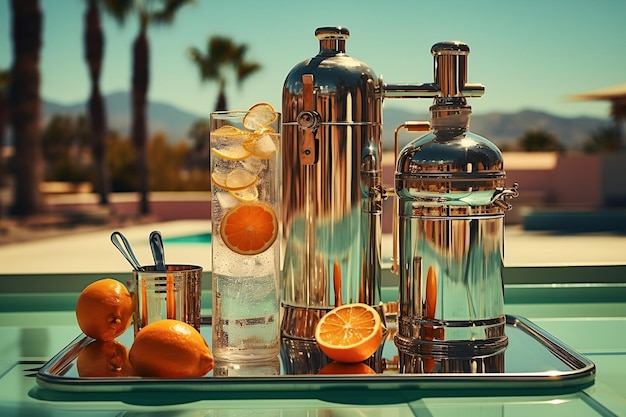 Vintage Cocktail Shaker and Ingredients by the Poolside AI