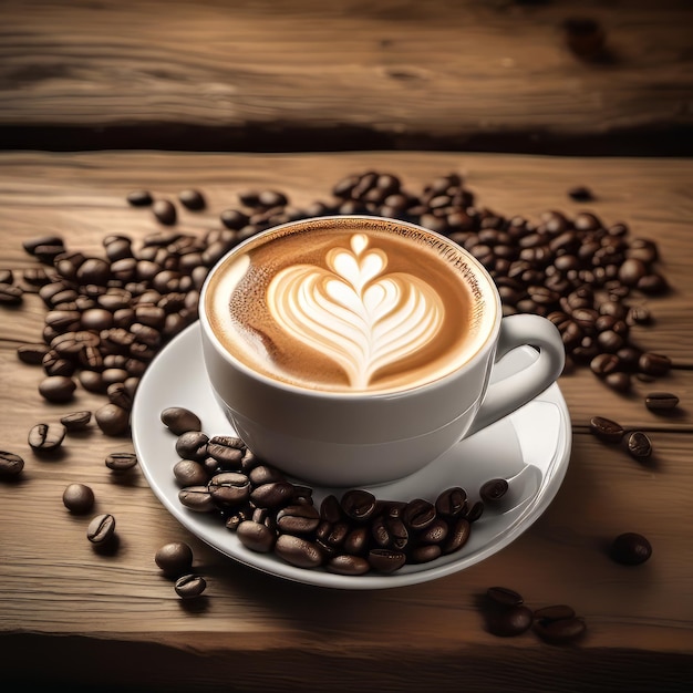 Vintage coffee cup with latte art on wooden table