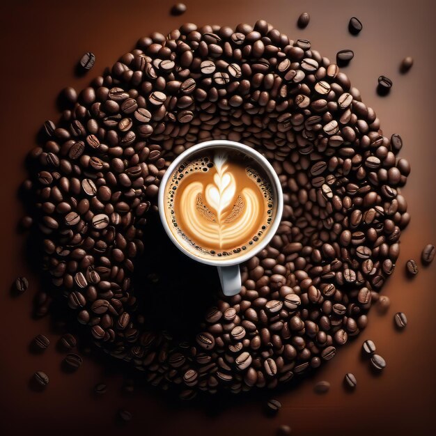 Vintage coffee cup with latte art on wooden table