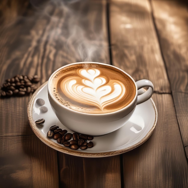 Vintage coffee cup with latte art on wooden table