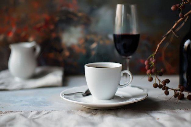 Photo vintage coffee grinder with coffee beans and red wine bottle on rustic wooden table with elegant win