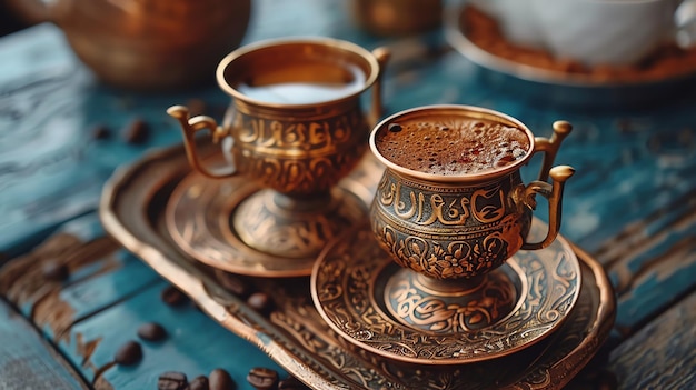 Vintage coffee set with ornate cups and saucers on a rustic wooden table capturing the essence