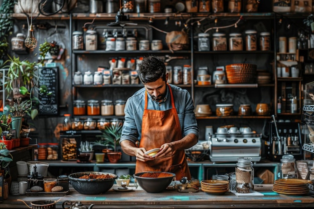 Vintage Coffee Shop with Barista Featuring Rustic Decor and a Cozy Atmosphere