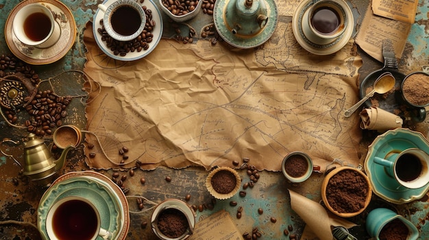 Photo vintage coffeethemed background with a top view of cups and coffee beans old papers with handwritten letters and maps add rustic charm evoking nostalgia and coffee culture ambiance