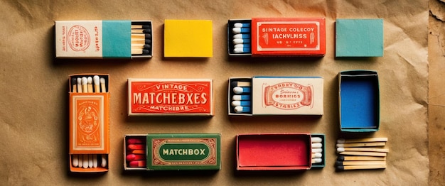 Photo a vintage collection of colorful matchboxes arranged on a textured background