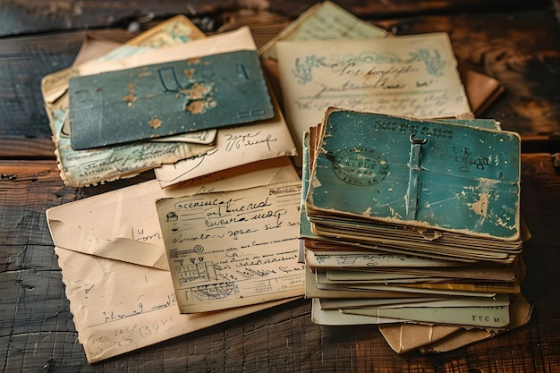 Photo vintage collection of postcards and letters on a rustic wooden surface