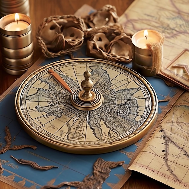 Vintage compass or discovery equipment on old world map for happy columbus day concept Ancient map