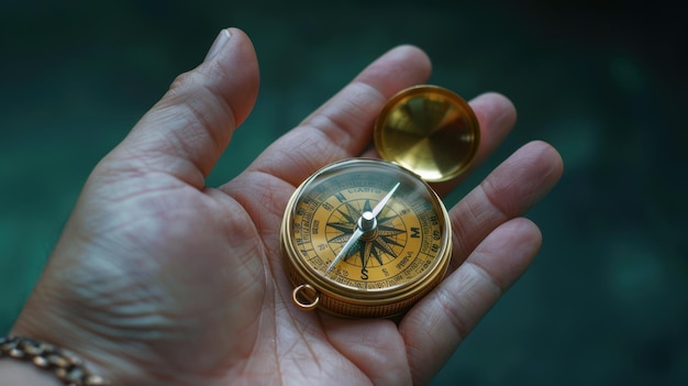 The vintage compass in hand