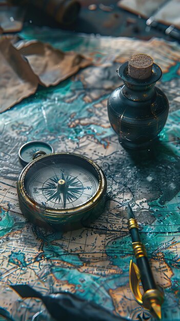 Photo vintage compass and map