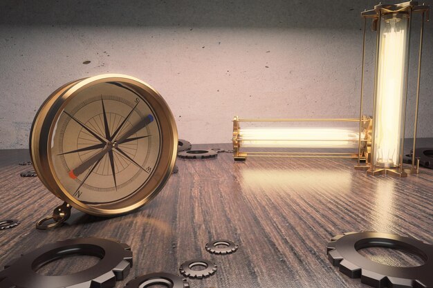 Vintage compass on a wooden table with lamps and cogs