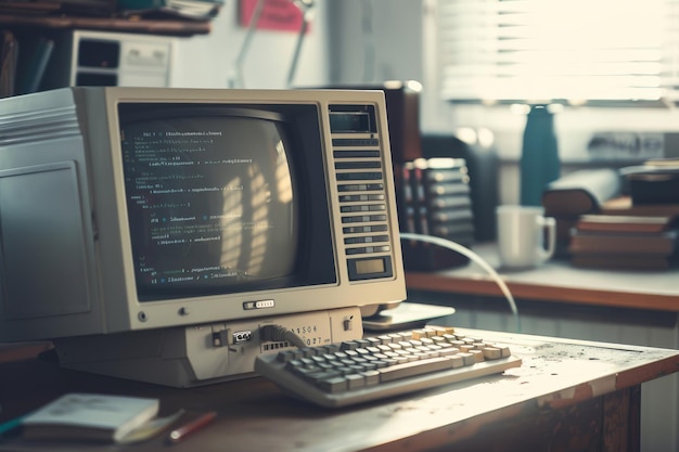 A vintage computer sits on a wooden desk in a cozy workspace showcasing nostalgic textbased coding on its screen