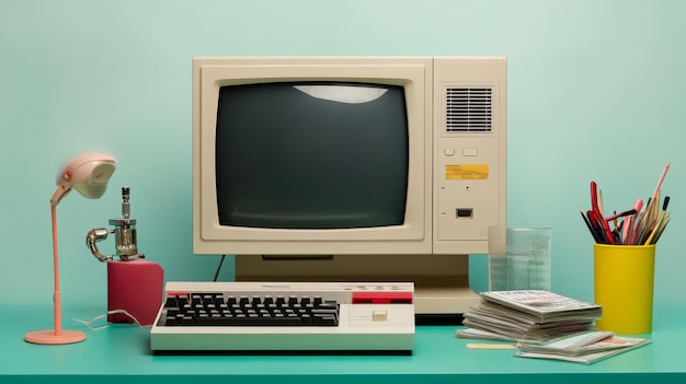 Photo vintage computer on a turquoise desk with a lamp pencils and a stack of floppy disks