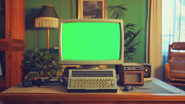 Photo vintage computer with chroma key green screen