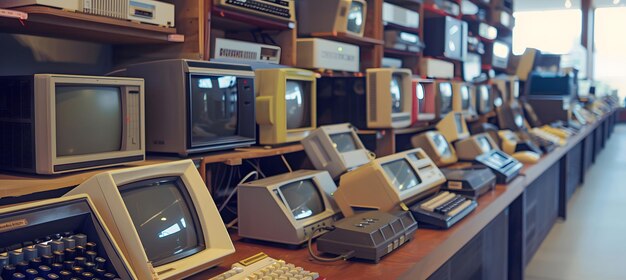 Vintage computers neatly lined up on a rustic wooden table