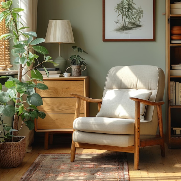 Vintage concept of living room interior with retro armchair wooden commode plant book and cupof coffee