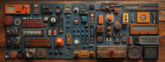 Photo vintage control panel with analog equipment and retro electronics in steampunk style