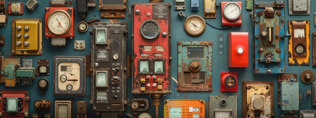 Photo vintage control panels and gauges displaying industrial equipment and retro technology