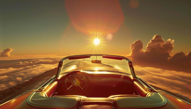 Photo a vintage convertible cruising on a road that stretches towards the horizon where the earth meets the sky under the glow of a significantly large sun