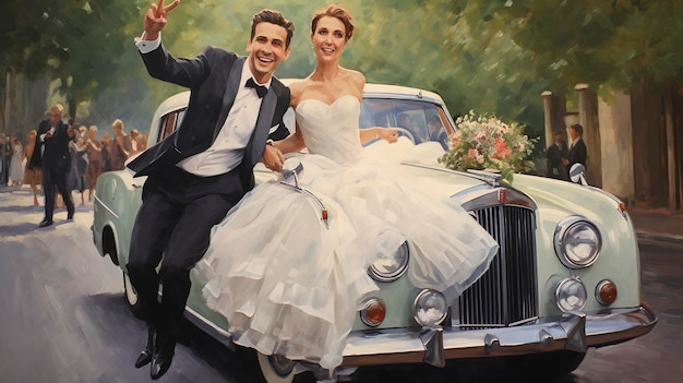 Vintage Convertible Wedding Car oil painting