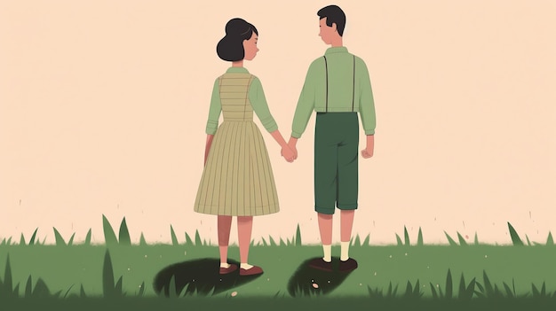 Vintage Couple Resting On Green Lawn In Minimalist Illustration