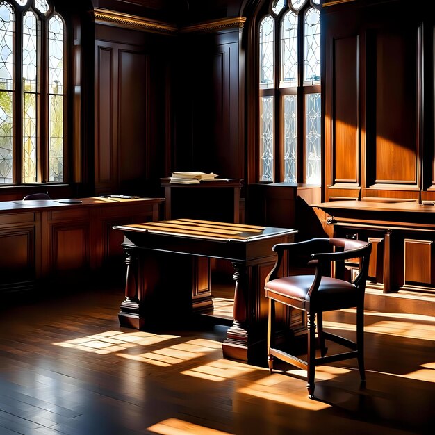 Photo vintage court room with wooden table and chair