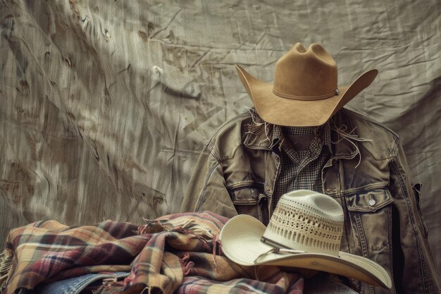 Photo a vintage cowboy outfit displayed against a rustic background presenting authentic elements of the old west with hats and wornout fabrics