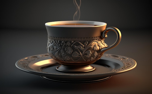 A vintage cup of tea with a gold rim. ai generated