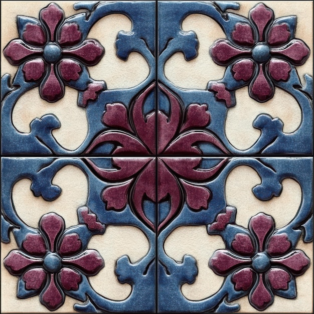 Photo vintage dark purple and light blue patterned tiles with floral motifs