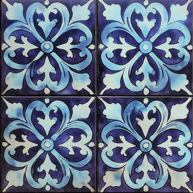 Vintage dark purple and light blue patterned tiles with floral motifs