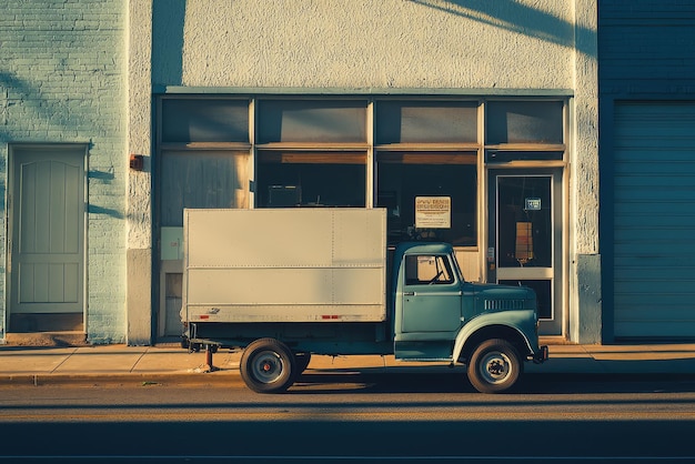 Photo a vintage delivery truck parked outside a building bathed in the warm glow of the setting sun creates a scene of nostalgic tranquility