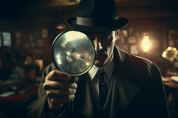 Vintage detective magnifying glass over a generative ai