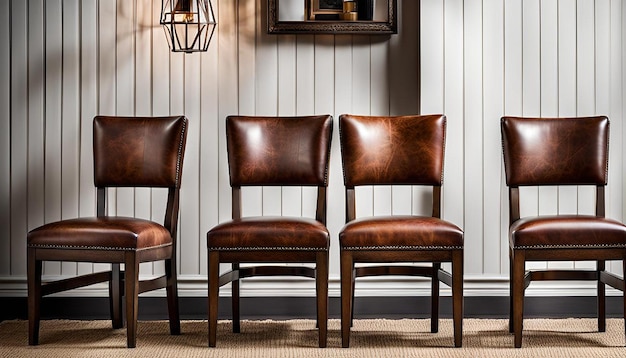 Photo vintage dining chairs with distressed leather seats